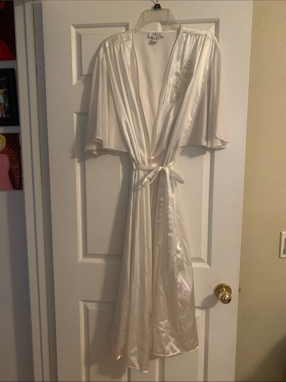 Ivory Satin Wrap Robe with Embroidered Detail